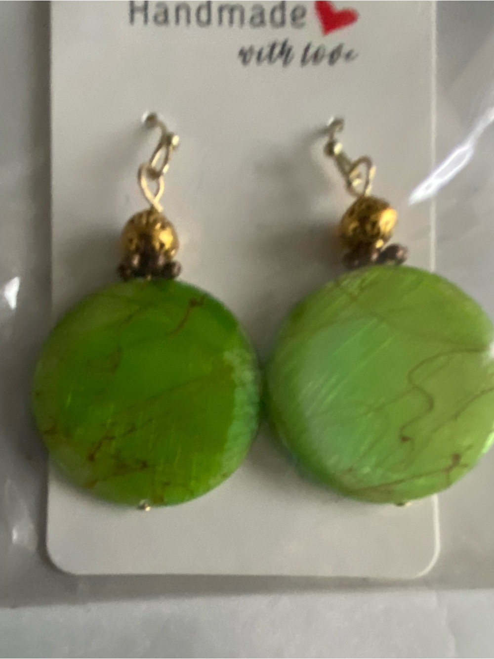 Handmade Green Disc Drop Earrings - Gold Accent